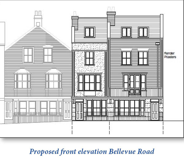 Lot: 72 - SITE WITH PLANNING FOR FIVE HOUSES IN TOWN CENTRE - Proposed front elevation Bellevue Avenue